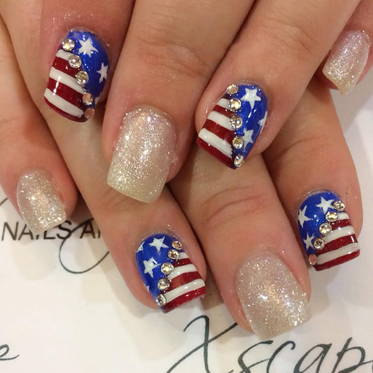 24Pcs Independence Day Press on Nails Short Square Fake Nails with Rhinestones Designs 4th of July Glue on Nails Full Cover Silver Glitter Acrylic Stick on Nails for Women 4th of July Nails Decor