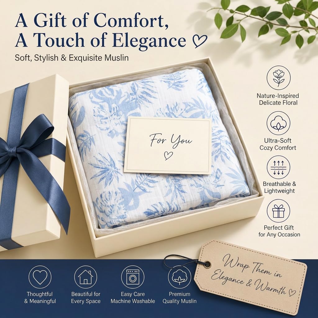 Muslin Blankets for Adults Reversible Throw Fleece & Gauze, Soft Cozy Lightweight Breathable Blue Floral Blanket for Bed Couch, Double Layer Muslin Throw Cover 90"x90"