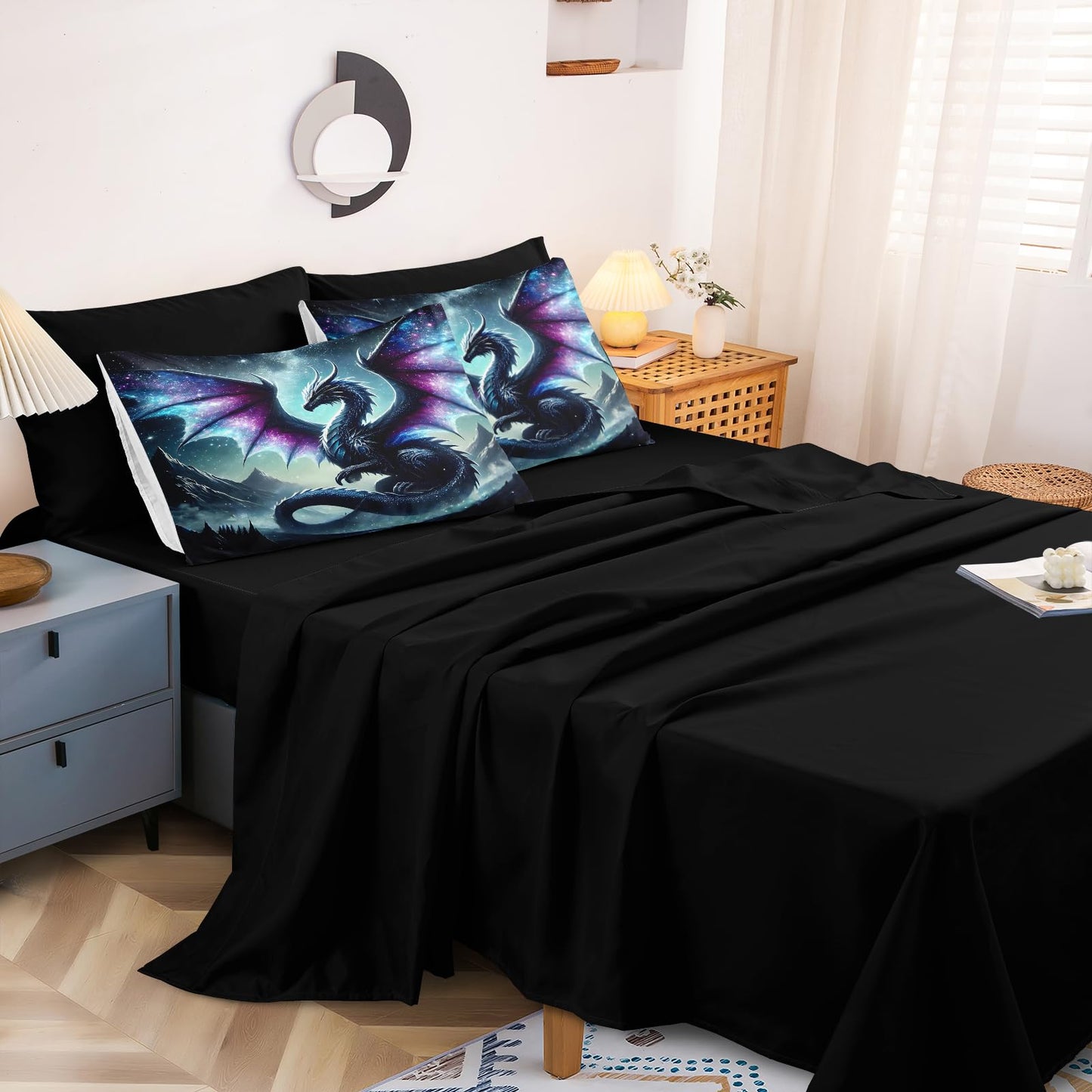 Bedbay Dragon Comforter Set Galaxy Fantasy Bedding Quilt Set Soft King Comforter Bed Set with Sheets Boys Teen Mythical Beast Dragon Digital Print 8 Pieces Bed in a Bag Set with Cushion Cover