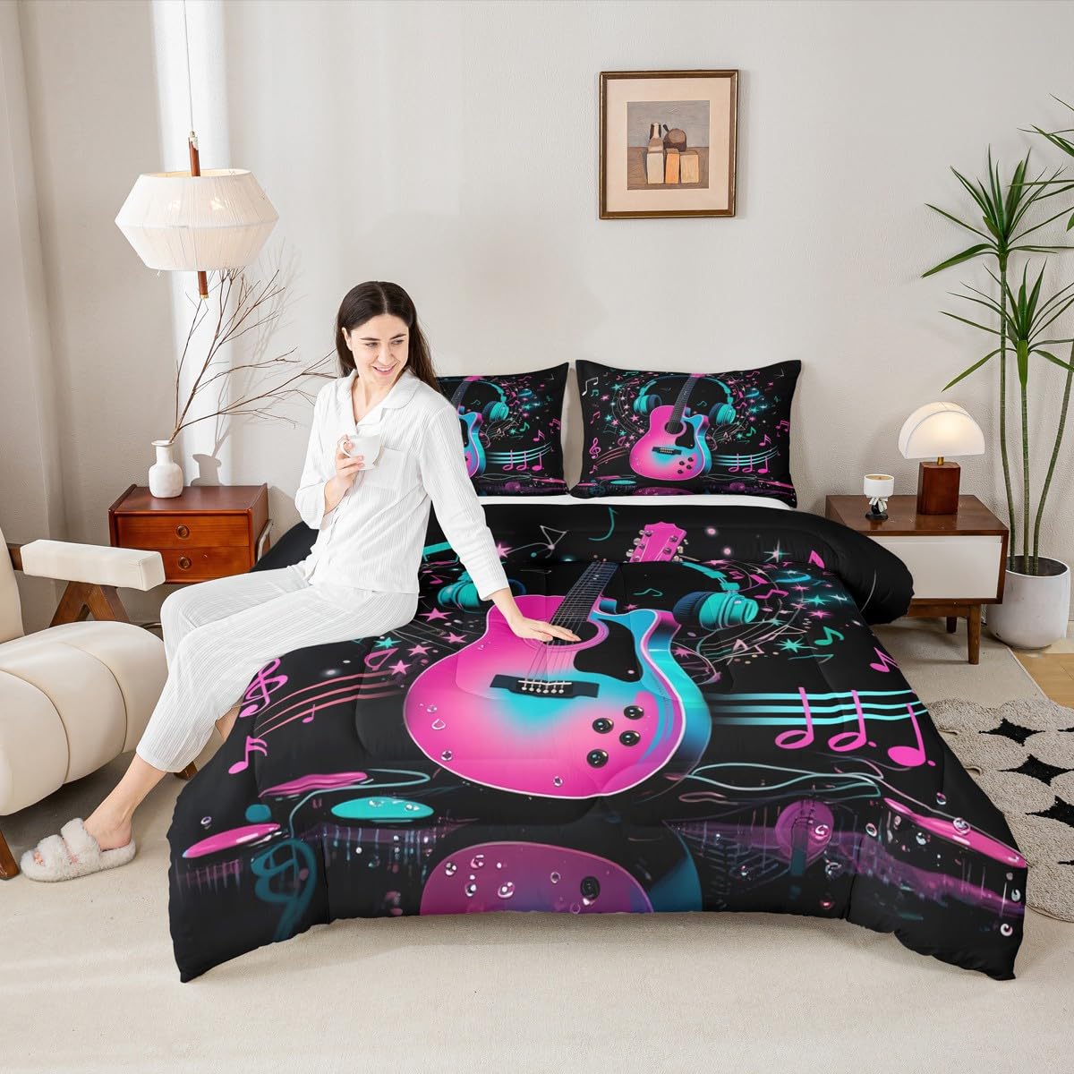 Erosebridal Guitar Music Comforter Set Queen Musical Notes Guitar Bedding Set Pop Music Theme Comforter for Kids Boys Girls,Fashion Hot Pink Blue Quilt Duvet