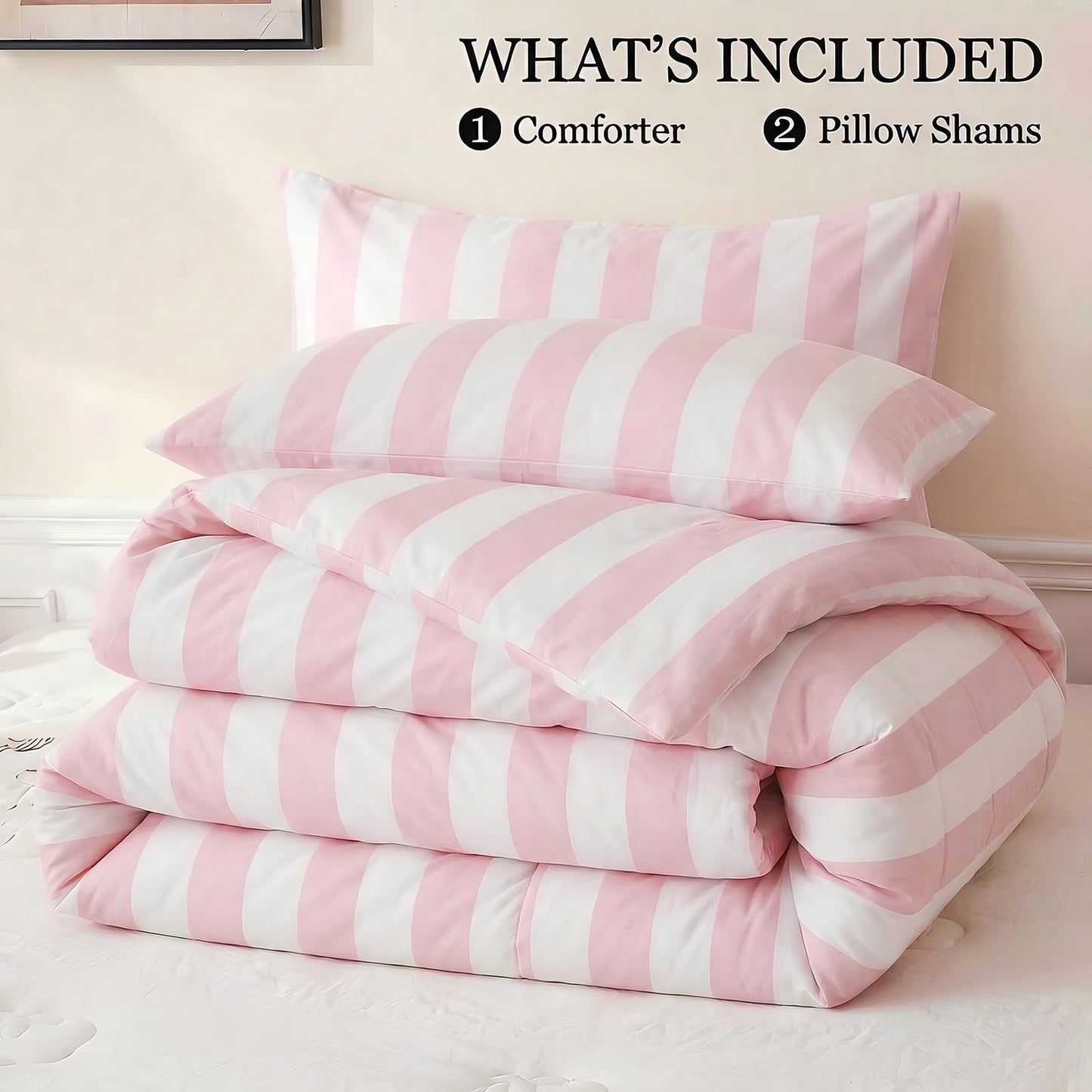 Merryword Pink and White Striped Comforter Set King Size, 100% Cotton Reversible Comforter Set 3 Pcs, Luxury Linen Like Bedding, Soft Breathable Lightweight Comforter for All Seasons