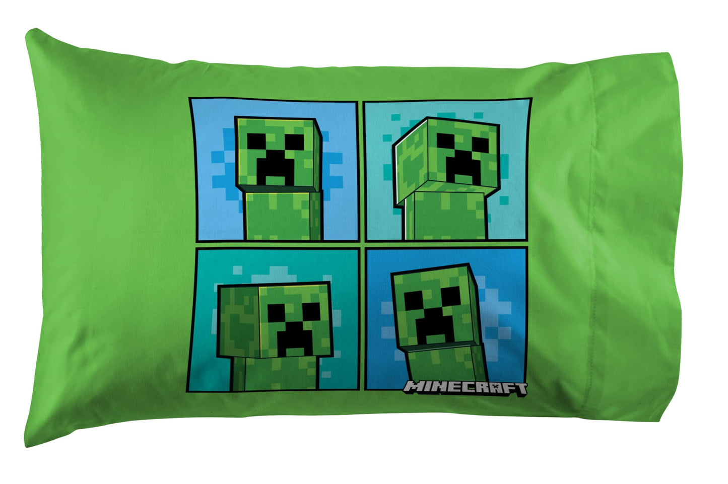 Jay Franco Kids Sheet Set with Fitted, Flat Sheets & Pillow Cover - Ultra-Soft Bedding with Pillowcase for Room Decor, Blue - Minecraft Creeper, 4 Piece Queen