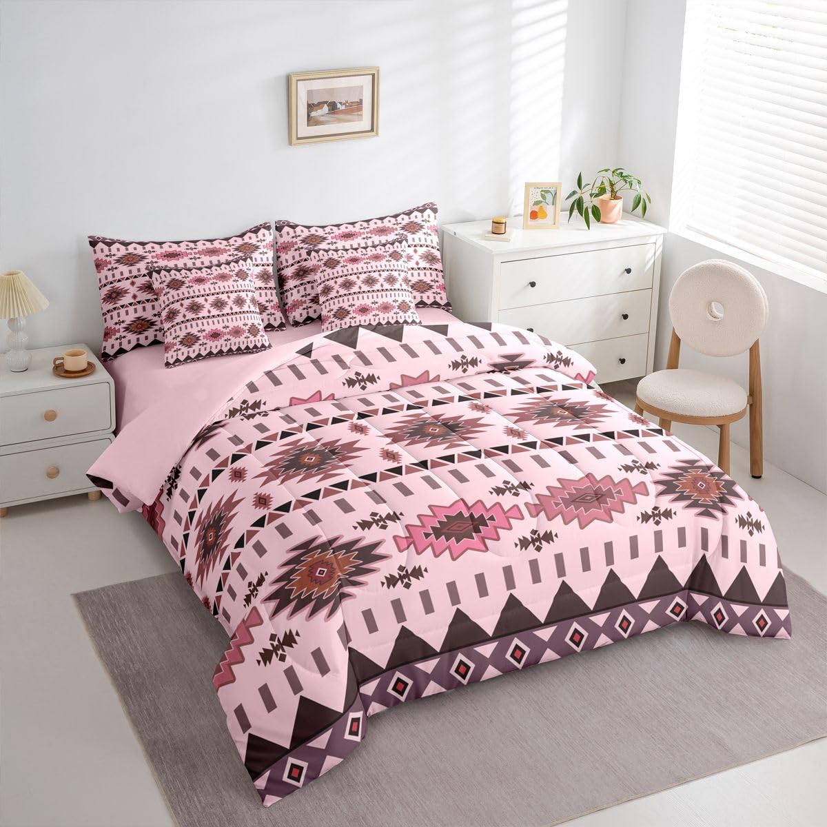Erosebridal Rustic 7 Piece Bedding Set Queen Aztec Comforter Set with Sheets Tribal Native American Boho Western Bed in a Bag Mysterious Simple Geometric Pink for Teens Men Women