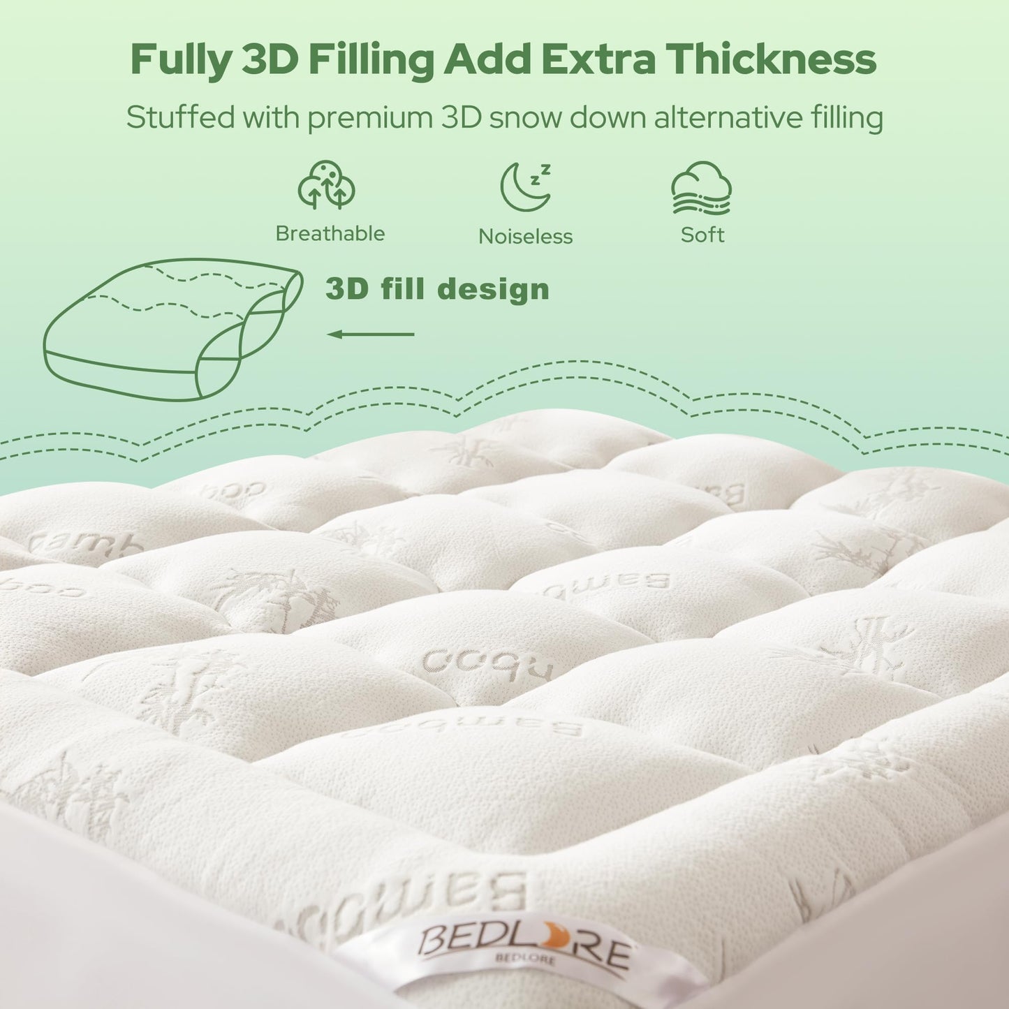 BEDLORE Queen Mattress Topper Viscose Derived from Bamboo, Thick Pillow Top Mattress Pad with Stretchable Pockets for 6-18 inches Mattress, Soft Breathable Mattress Topper for Back Pain Relief
