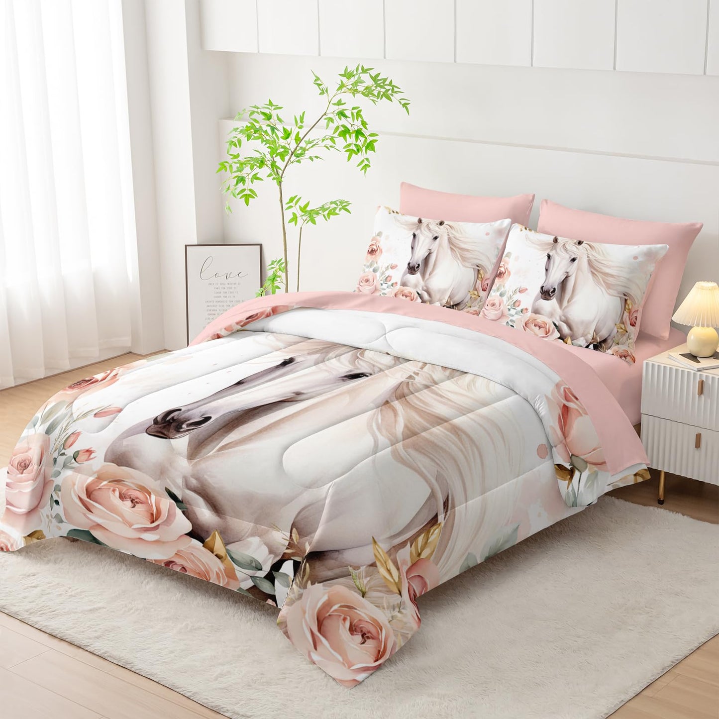 AILONEN Girls Horse Comforter Set Twin Size, Pink Flower White Bedding Set,7 Pieces Bed in a Bag,Cute Wild Animal Themed Comforter + Fitted/Flat Sheet + 2 Pillowcases + 2 Shams