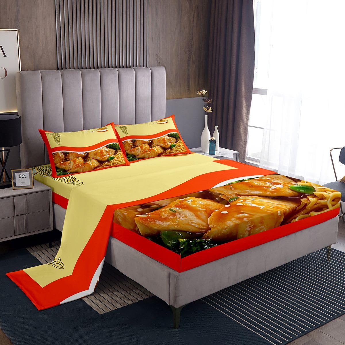 Feelyou Japanese Ramen Bed Sheets Set Twin Size Pulled Noodles Sheet Set for Kids Boys Girls Decor Pork Noodles Sheets with Deep Pocket Fitted Sheet Microfiber Cute Bedroom