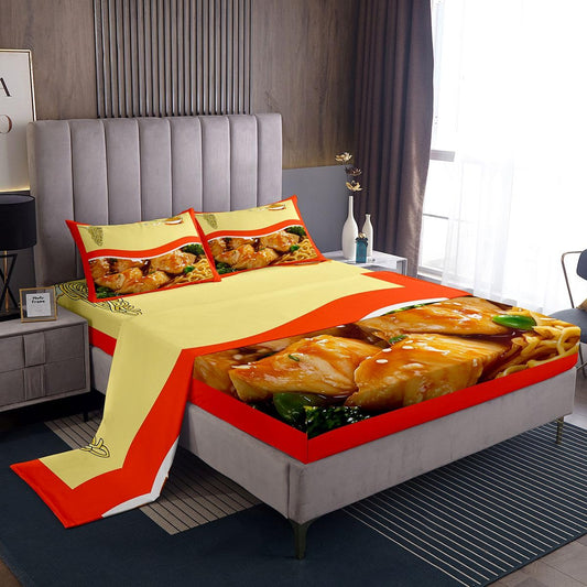 Feelyou Japanese Ramen Bed Sheets Set Twin Size Pulled Noodles Sheet Set for Kids Boys Girls Decor Pork Noodles Sheets with Deep Pocket Fitted Sheet Microfiber Cute Bedroom