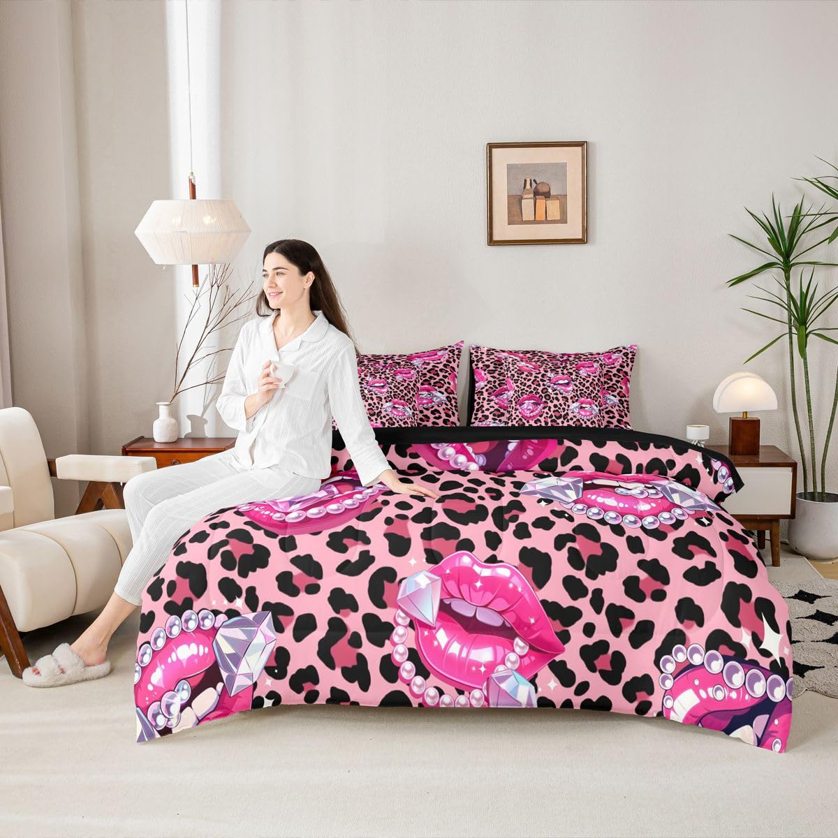 Erosebridal Pink Leopard Print Twin Size Bedding Set Sparkling Diamond & Pearl 7 Pieces Comforter Set with Sheets Women Girl Y2K Charming Lips Bed in a Bag Girly Cheetah Print Bed Sets