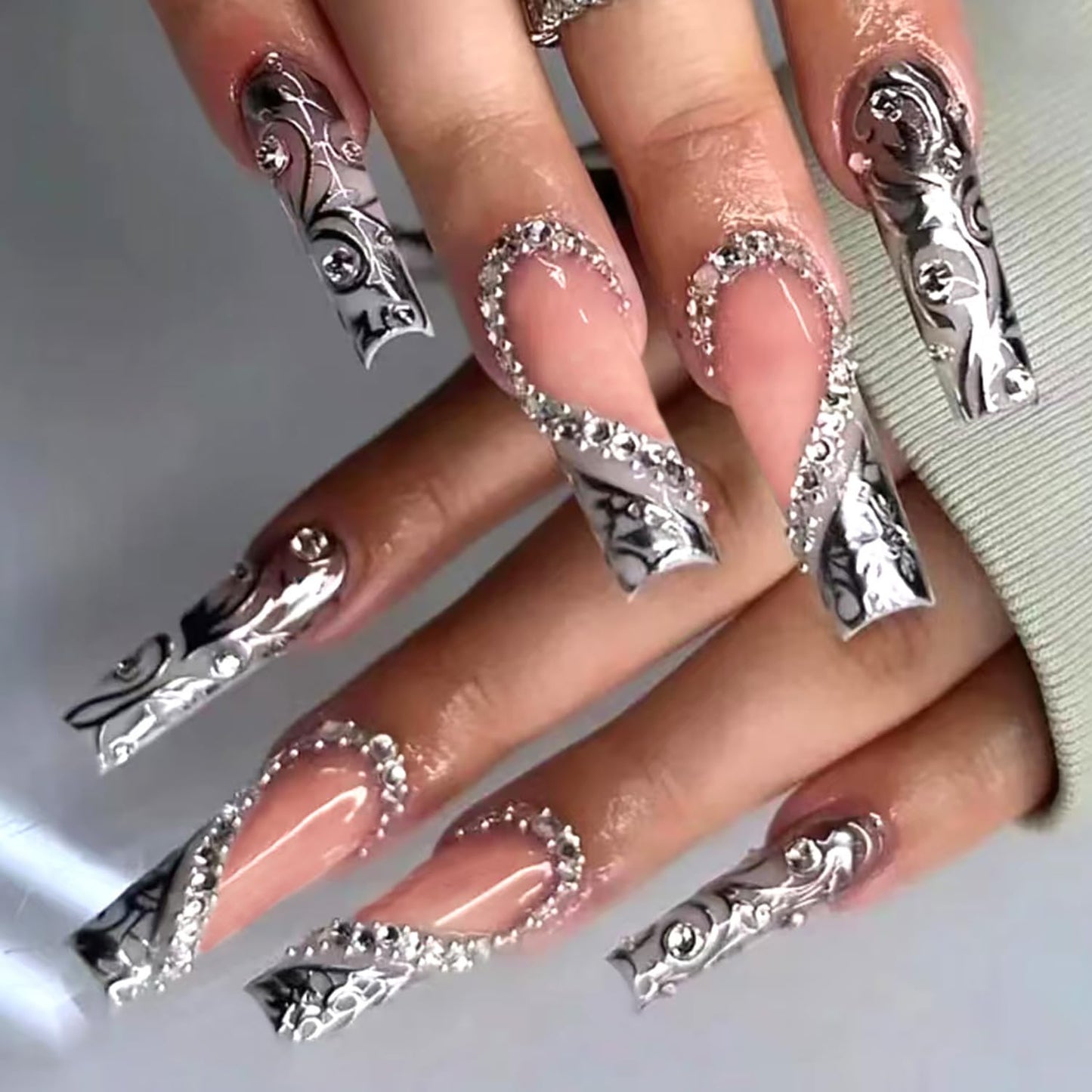 24Pcs Long Press on Nails Luxury Rhinestone Fake Nails French Glue On Nail with Sparkly Rhinestones Gem Silver Lines Designs Shiny Acrylic False Nails for Women Manicure Decoration