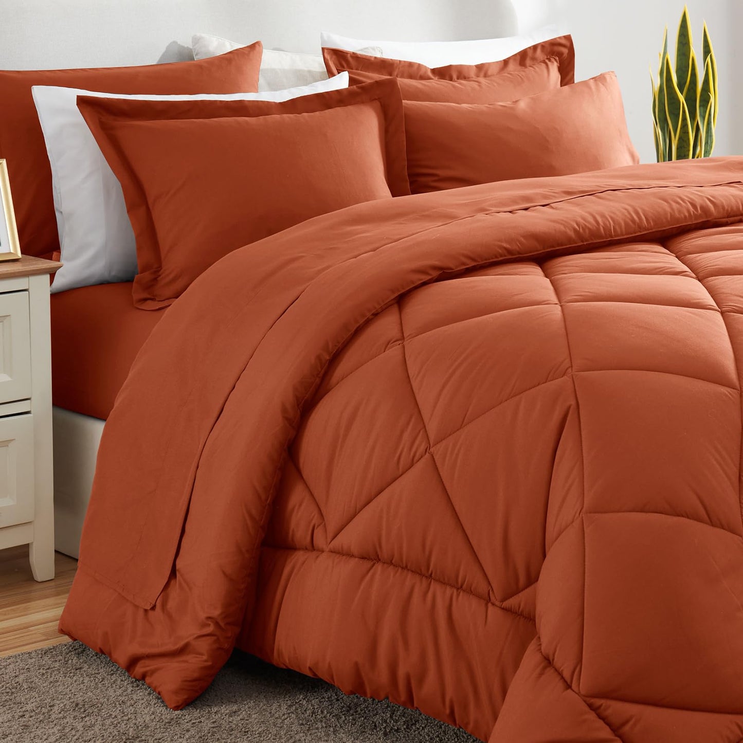 CozyLux Queen Comforter Set Burnt Orange - Bed in a Bag Queen Size 7 Pieces, Luxury Soft Bed Set for All Seasons, Bedding Set with Down Alternative Comforter, Sheets, Pillowcases & Shams, Terracotta