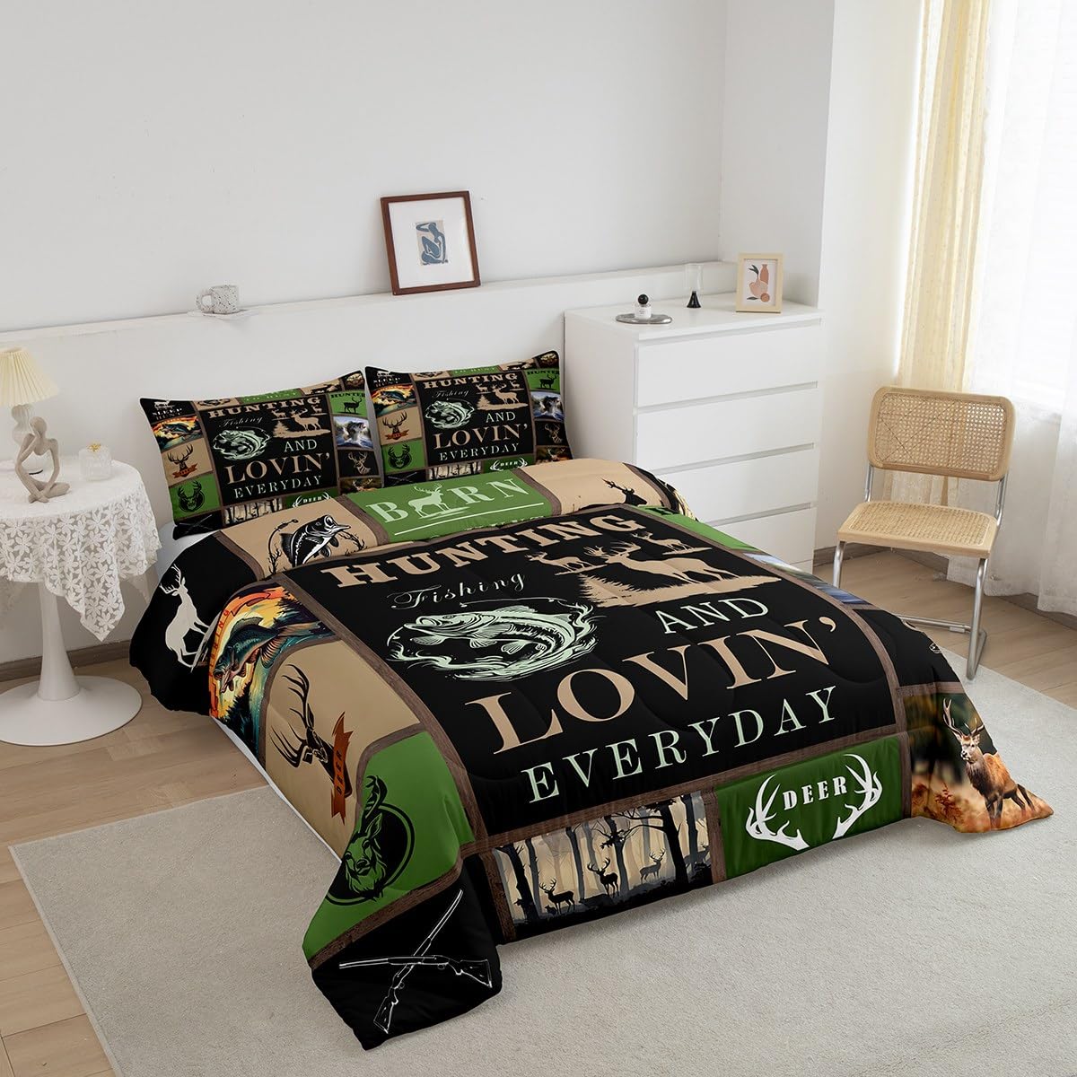Feelyou Big Pike Fish Bedding Set - Deer Comforter Set for Kids Boys Girls - Twin Size with 1 Comforter and 1 Pillowcase
