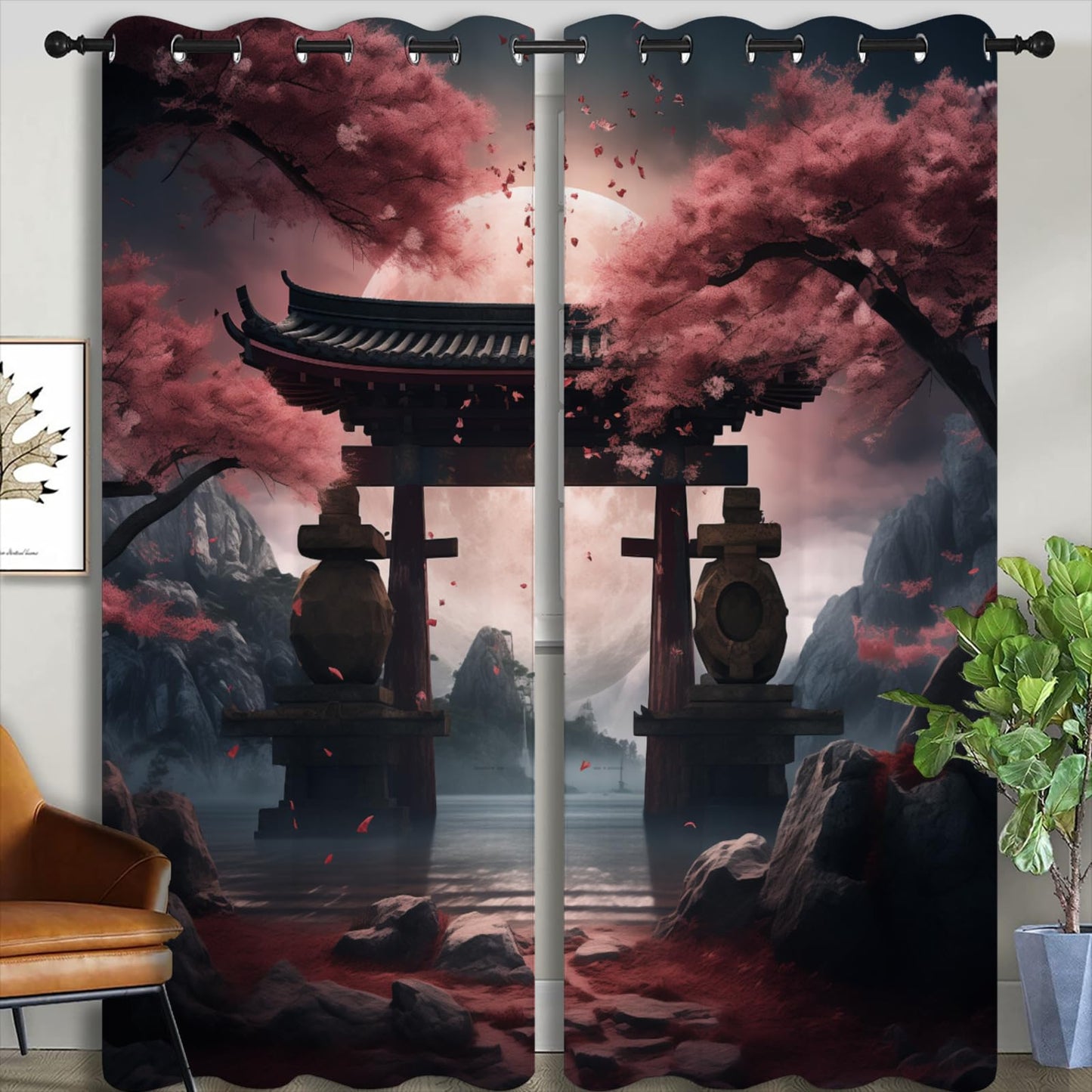 LHROOMJK Japanese Cherry Blossom Blackout Curtains for Boys Girl Bedroom Home Decor,Asian Anime Floral Mountain Pink Moon Thermal Insulated Grommet Darkening Living Room Window Drapes, 72 x 63 inch
