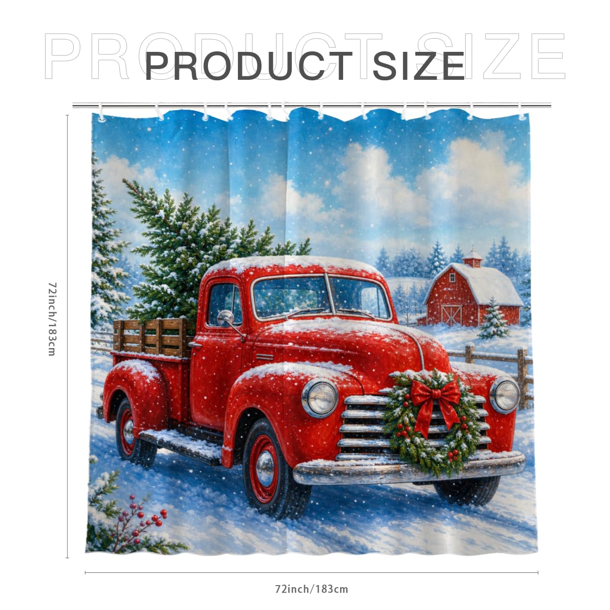 TopPacific Winter Red Truck Shower Curtain 72x72 Inch Shower Curtain with 12 Hooks Polyester Red Truck Wreath Snow Barn Pine Trees Bathroom Decor