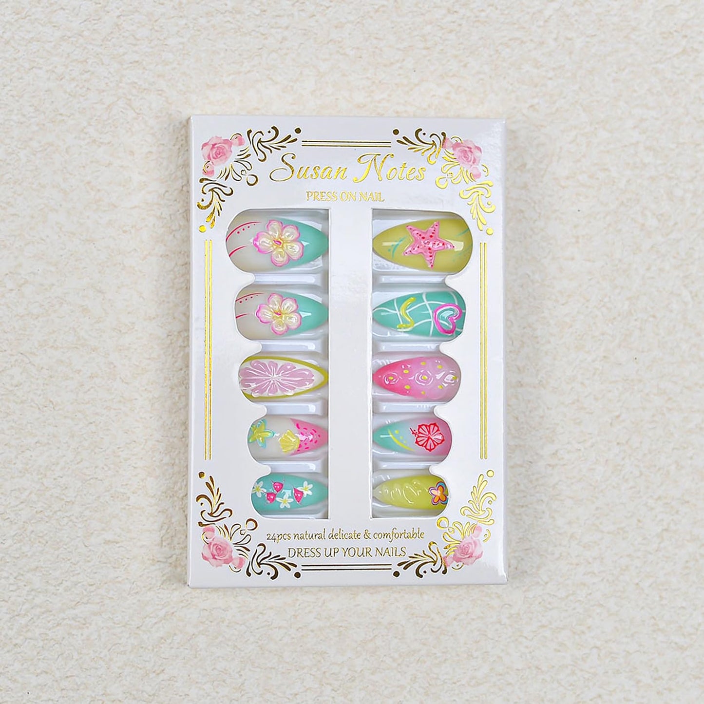 24Pcs Summer Colorful Press on Nails Medium Almond Fake Nails 3D Cute Flower Fruit with Pearl Design,Beach Starfish False Nails Full Cover Glue on Nails Artificial Acrylic Nails Handmade DIY for Women