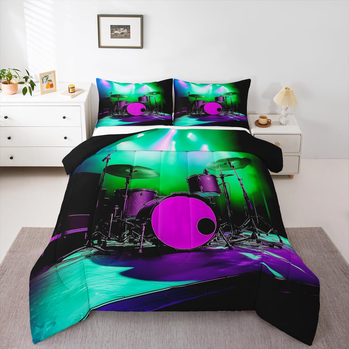 Erosebridal Drum Kit Comforter Set Queen Music Themed Bedding Set Rock Musical Instruments Comforter for Kids Boys Girls,Colorful Glitter Quilt Duvet
