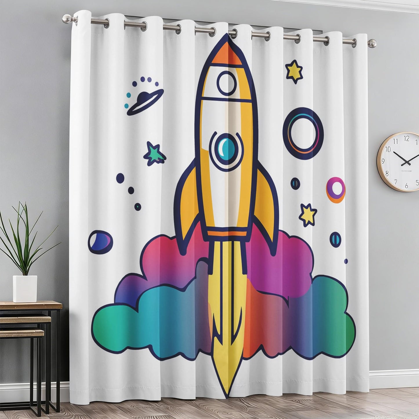 Cartoon Rocket Curtains Blackout & Home Decor, UFO Planet Curtains Bedroom Living Room Decor, Kids Boys Girls Thermal Insulated Grommet Drapes 63 Inch Long, 2 Panels Set N3Q-142