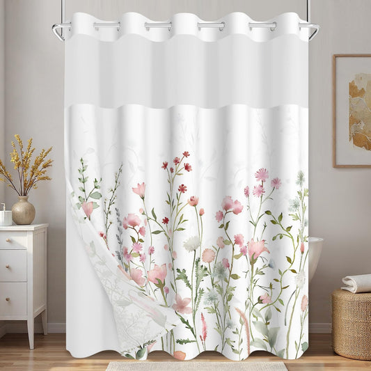 Xiazhilaio Spring Summer Floral Shower Curtain with Snap in Liner, Cottagecore Wildflower Botanical Bath Curtain with Mesh Top Window for Airflow, Waterproof Double Layer Bathroom Curtain, 71x74 Inch