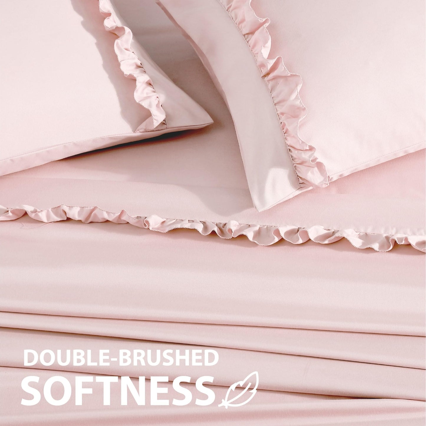 Swift Home Ultra-Soft Elegant 2-inch Ruffled Hem Design on Flat Sheet and Pillowcases, Wrinkle Resistant, Fade Resistant, Deep Pocket, Double Brushed 4-Piece Microfiber Sheet Set - King, Rose Blush