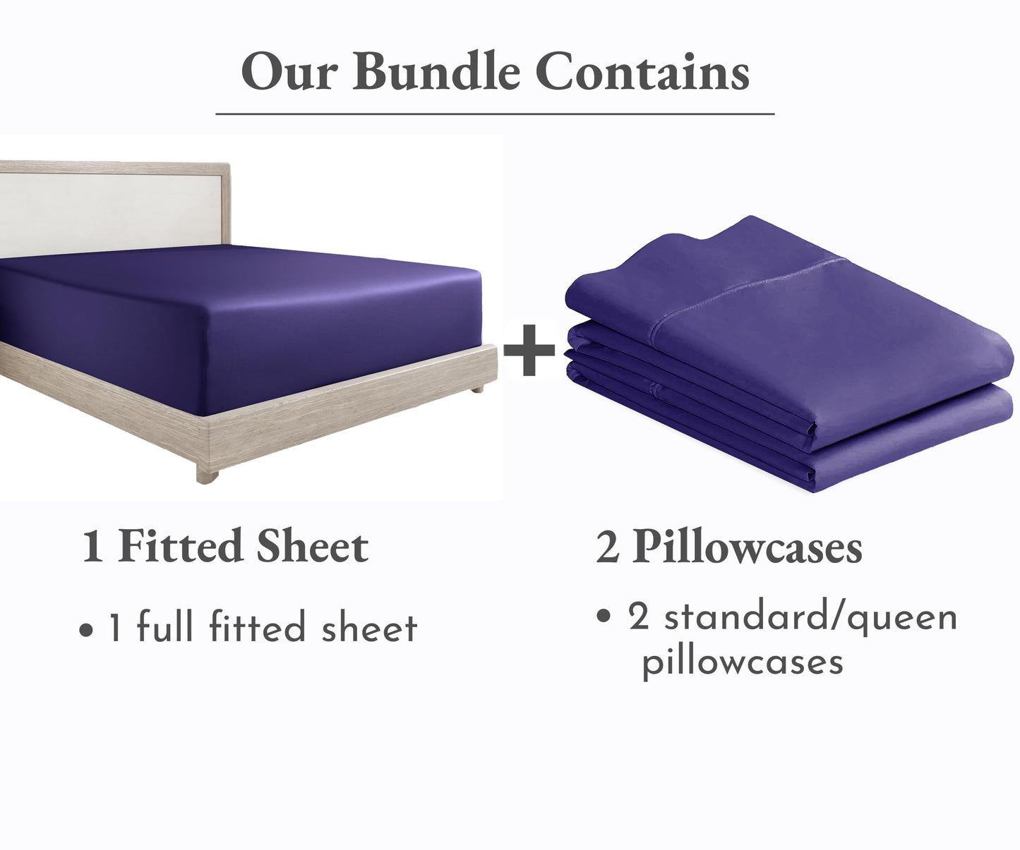 3-Piece Bundle - Fitted Sheet with 2 Pillowcases, 400 Thread Count 100% Cotton Sateen, Deep Pockets (Full Size, Dark Purple)