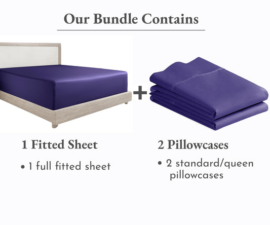 3-Piece Bundle - Fitted Sheet with 2 Pillowcases, 400 Thread Count 100% Cotton Sateen, Deep Pockets (Full Size, Dark Purple)