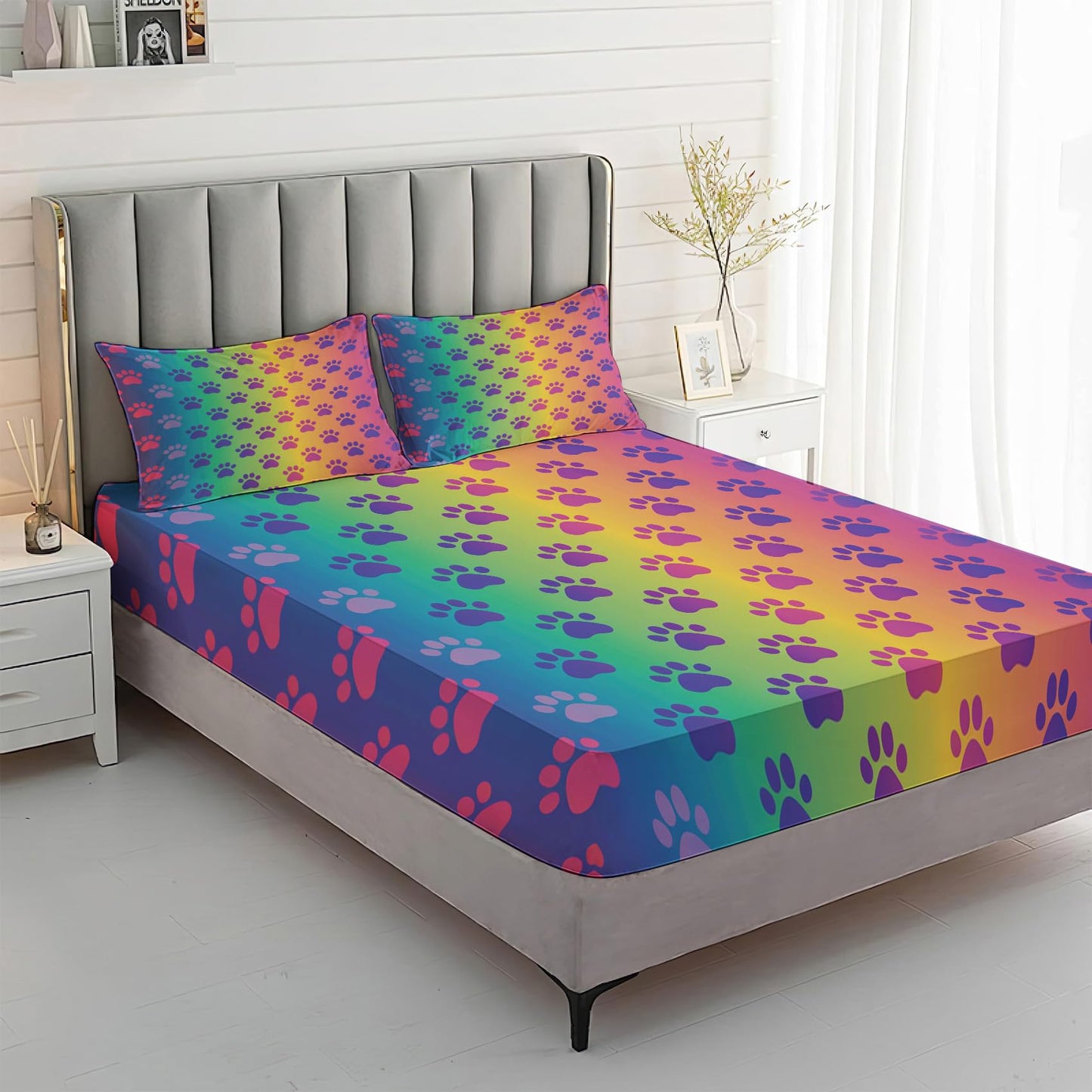 MPNVYU Rainbow Paw Print Sheets Queen Sheet Set, Colorful Pet Lover Bed Sheets, Gradient Paw Bedding Bedroom Decor, Soft Microfiber Deep Pocket Fitted Sheet & Flat Sheet & 2 Pillowcases