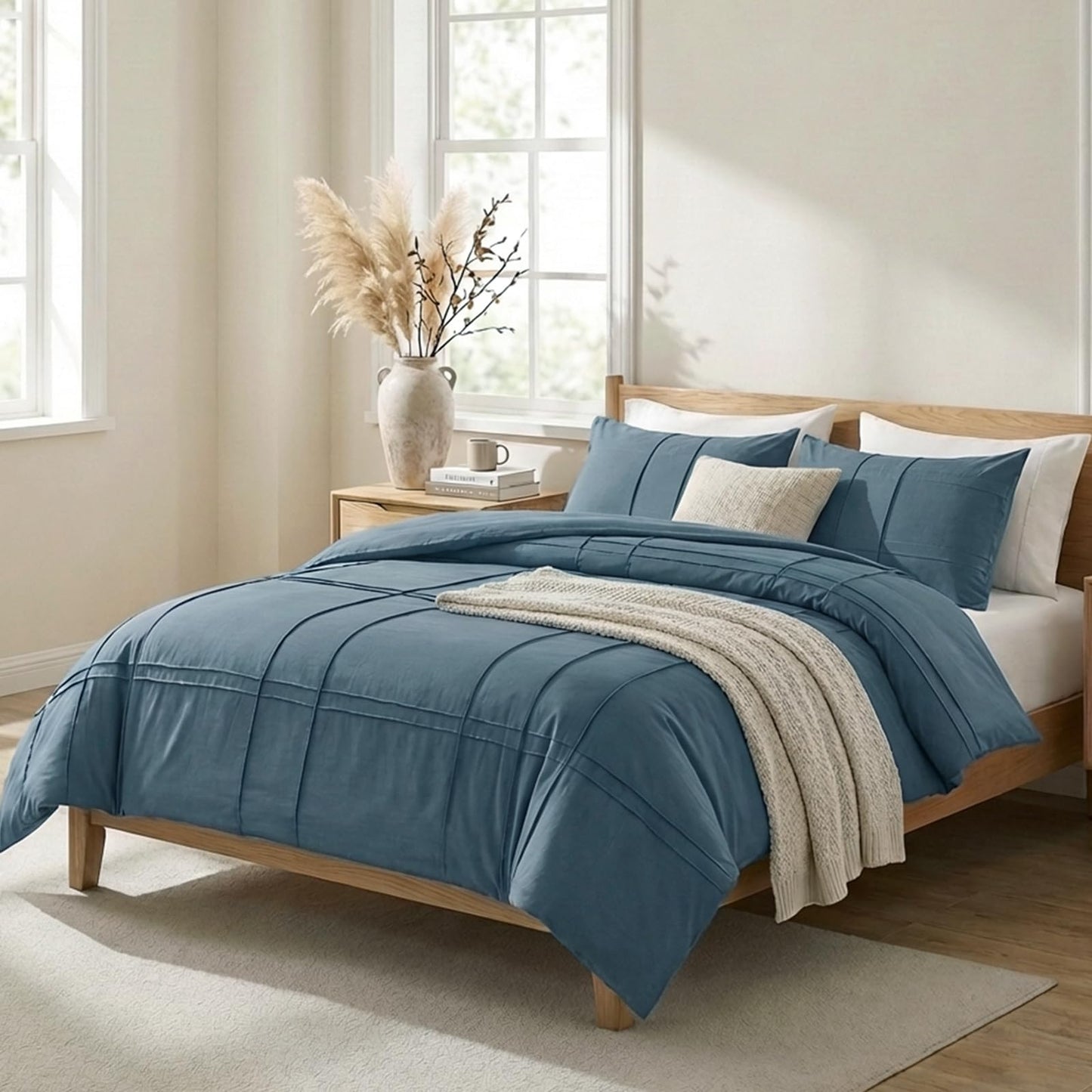 Cozaline 100% Cotton Dark Blue Queen Size Duvet Cover Set - 3 Pieces Pintuck Pleated Duvet Cover, Soft Breathable Duvet Cover with Zipper Closure, Modern Minimalist Bedding Set