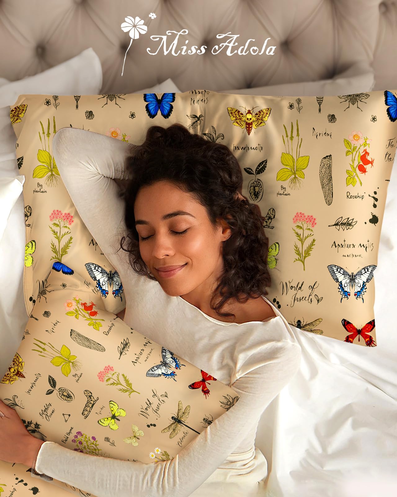 Miss Adola 2 Pack Mulberry Silk Pillowcase for Hair and Skin - Standard Size 20 x 26 Inches with Hidden Zipper Plants Butterfly 19 Momme Soft Sleeping Silk Pillow Case for Women, Moms