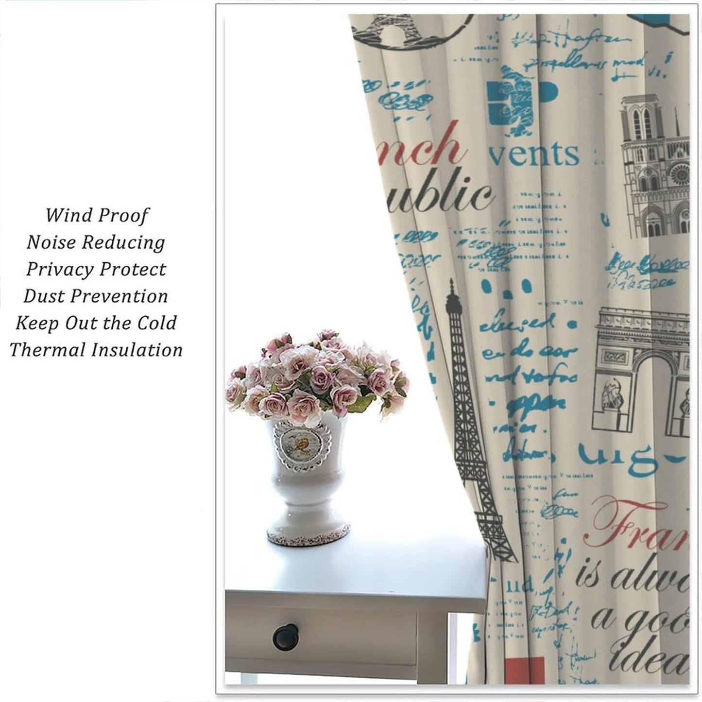 Eiffel Tower Curtains French Flag Paris Architecture Vintage Newspaper Retro Travel Pattern Rod Pocket Window Treatments Living Room Kids Bedroom 2 Panels Set 41" x 45" （No Blackout）