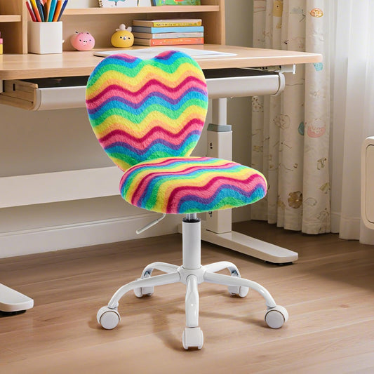 Lessmore Heart Kids Desk Chair，Girls Desk Chairs,Comfy Swivel Computer Chair for Girls Room, Fluffy Kids Office Chair for Reading & Vanity，Rainbow