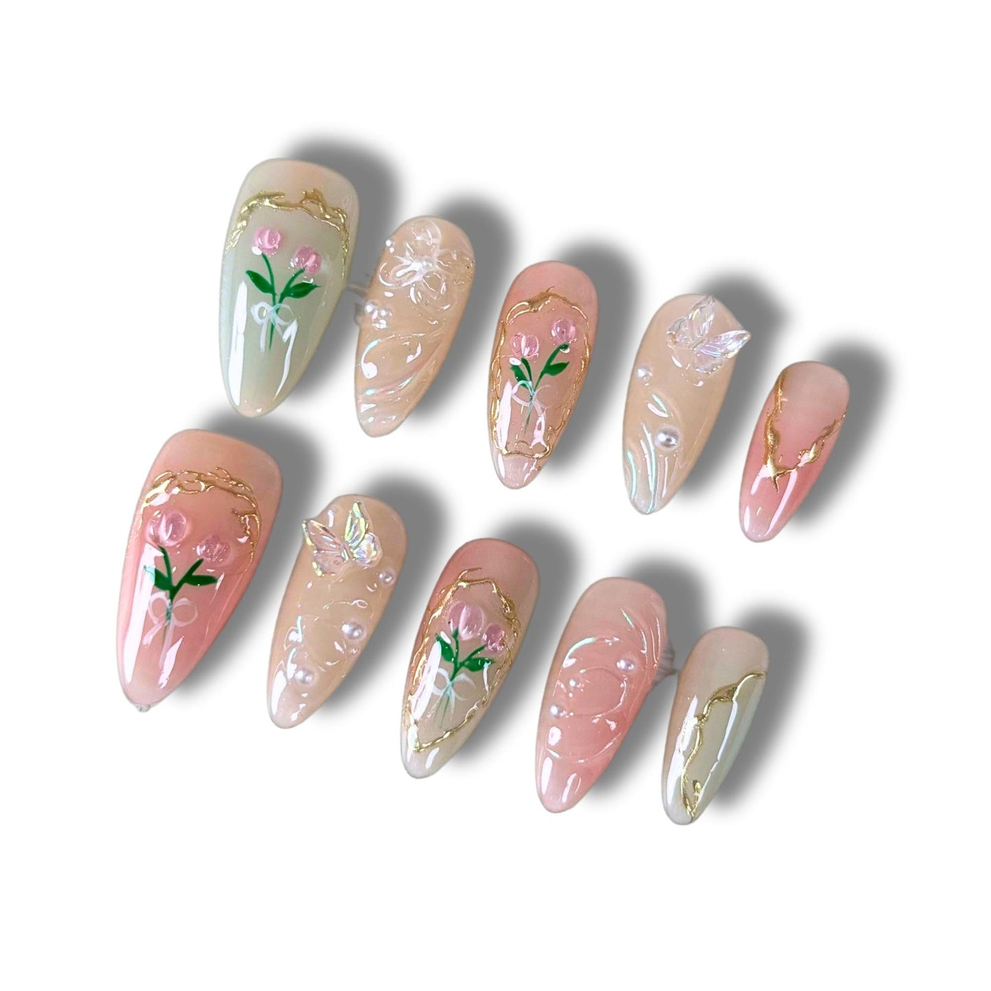 Yabonica Handmade Press On Nails Almond,10Pcs Acrylic False Nails Press Ons with 3D Nail Art Gel Hand-Painted Design,Nature&Lasting Stick On Nails for Woman Girls Daily Party&Wedding Wear (38S)