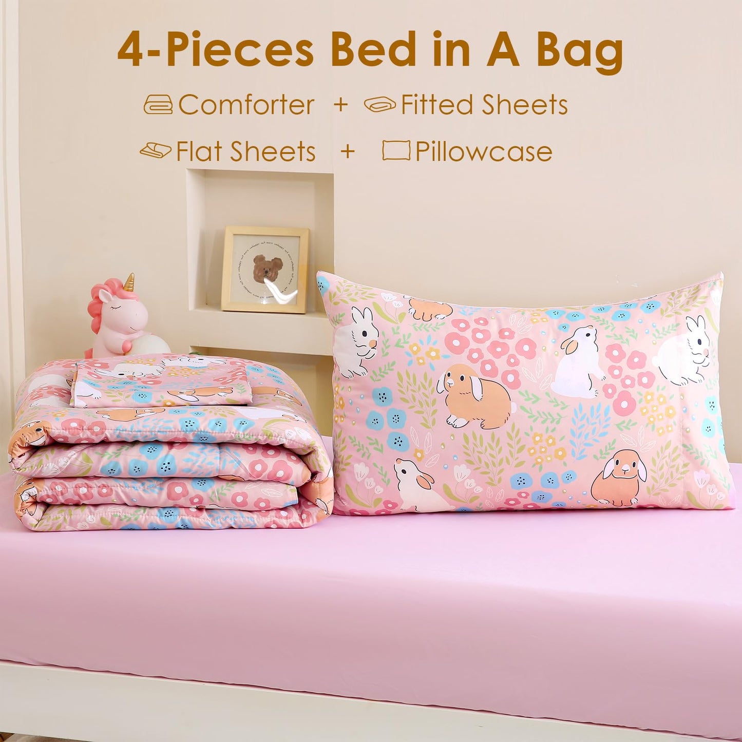 Homilay Toddler Size Light Pink Comforter Set for Kids, Toddler, Boys&Girls, 4 Pieces Bed-in-a-Bag Bedding Set, All Season Ultra Soft Oeko TEX Sheets Set with Comforter, (Cute Rabbit)