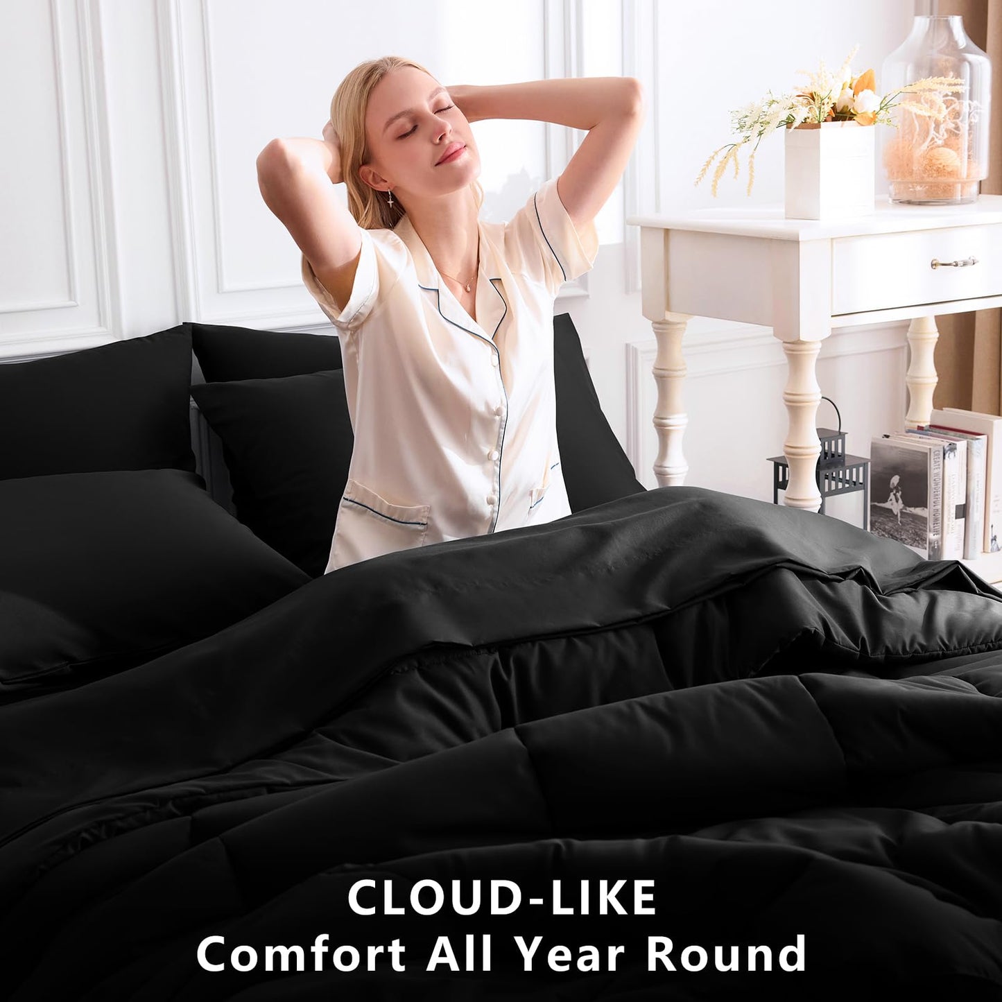 CozyLux Queen Comforter Set Black, 7 Pieces Bed in a Bag, Black Comforters Queen Size, All Season Bedding Sets with Stitch Quilted Comforter, Flat Sheet, Fitted Sheet, Pillowcases