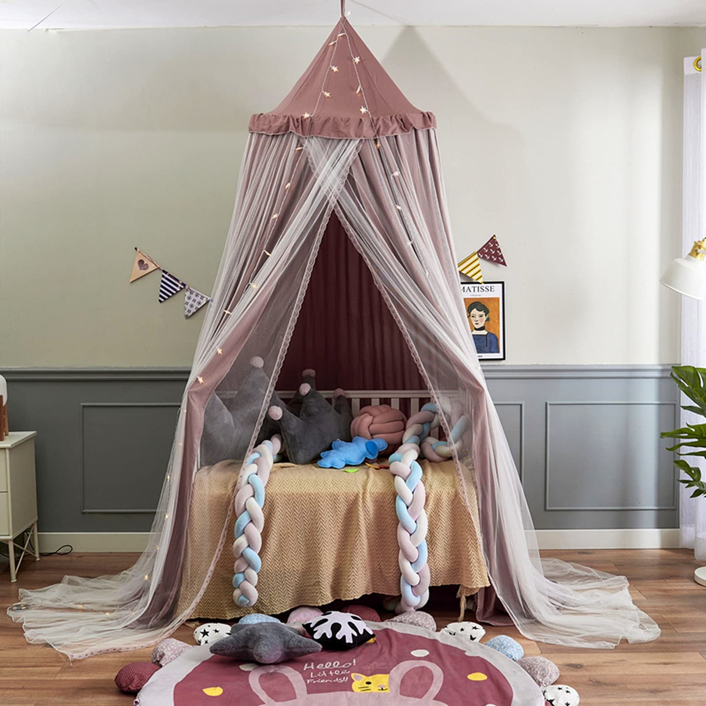 VETHIN Bed Canopy Double Layer Princess Round Dome Dreamy Mosquito Net Bedding Girls Room Castle Play Tent Hanging House Decor Reading Nook Canopies(Jujube Red/White)