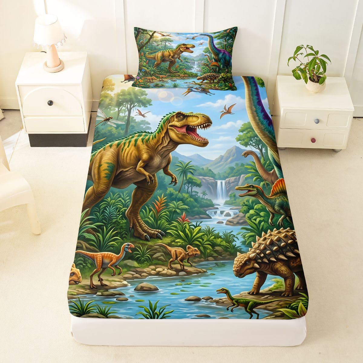 Feelyou Dinosaur Bed Sheets Set Twin Size 3D Digital Print Bed Set Jungle Dino Deep Pocket Fitted Sheet Wild Animal Breathable Soft Lightweight Microfiber Blue White Green Yellow