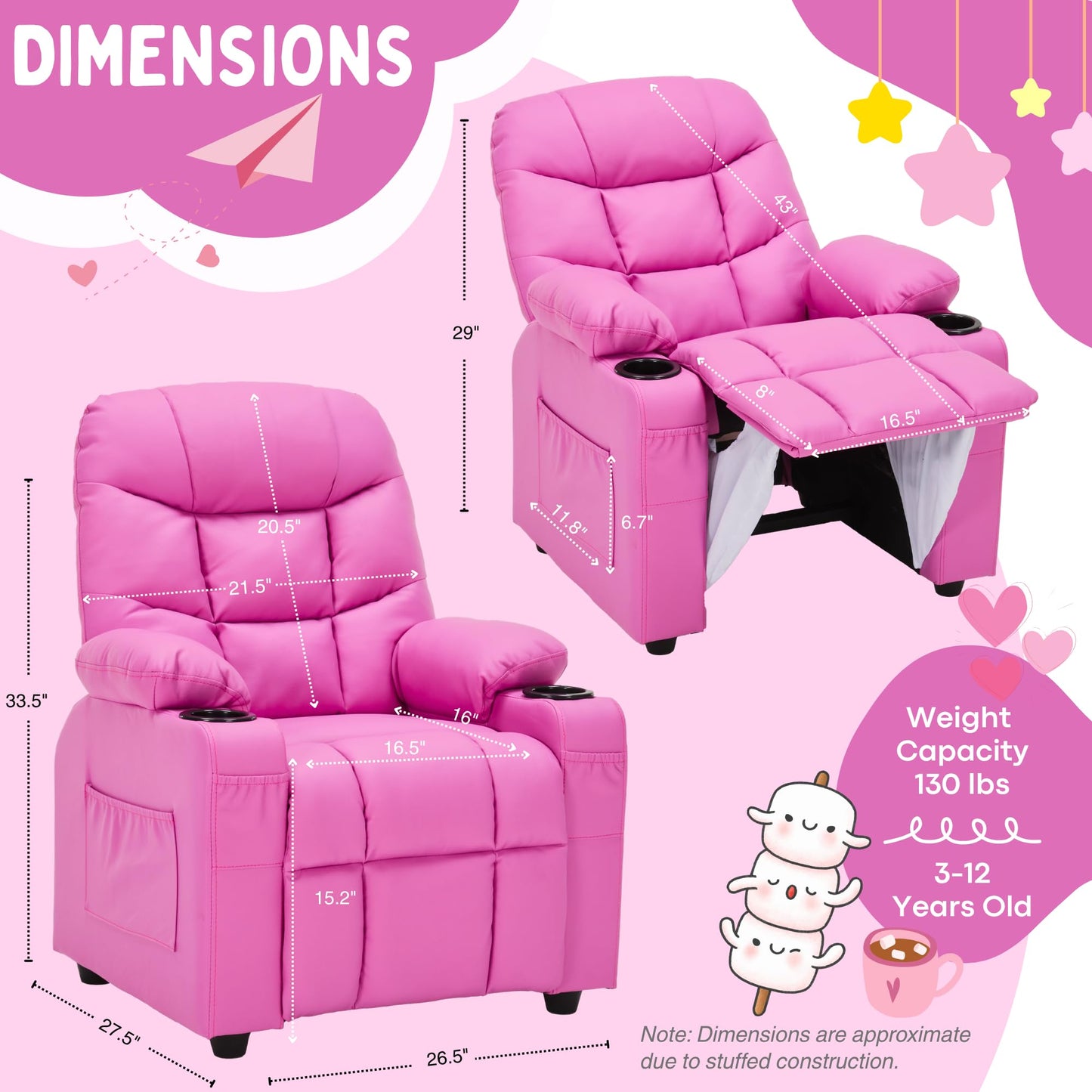 Donut Larger Kids Reclining Chair PU Leather Recliner Sofa Push Back Lounge Children Toddler Boys Girls Ages 3-12 with Dual Cup Holders and 4 Pockets