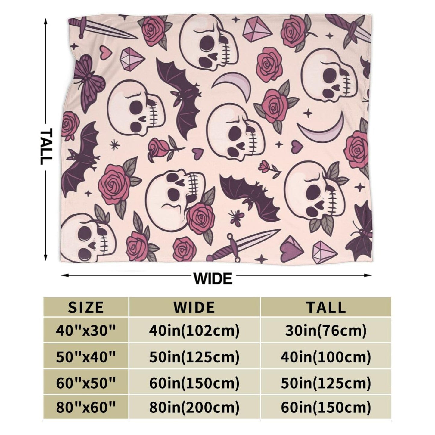 Gothic Pink Blanket Skull Skeleton Rose Bat Throw Blanket for Gothic Lover for Women Girls Adults Cozy Fleece Fuzzy Soft Flannel Plush Warm Bedding Stuff for Sofa Bed Couch 40 x 50 Inch