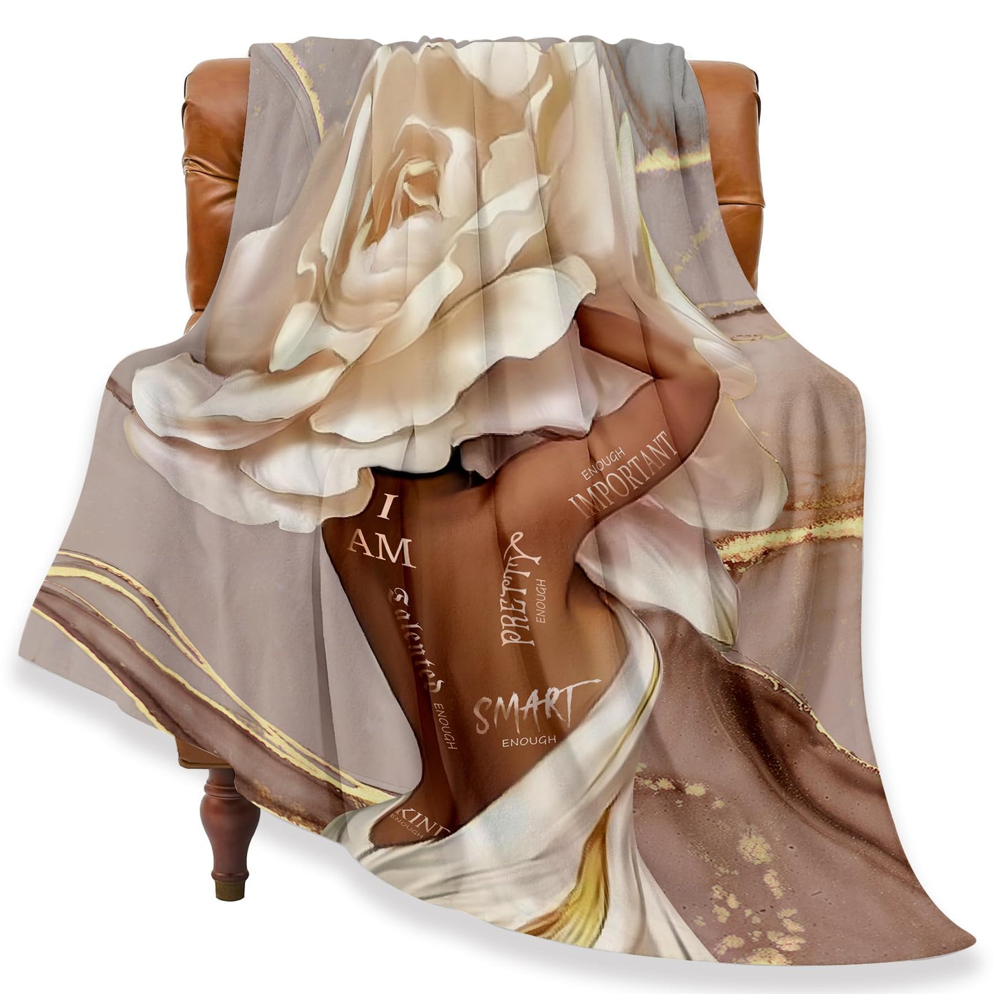 Yookeb African American Flower Throw Blanket Black Girl Woman Sexy Marble Inspirational Motivational Positive Soft Warm Gift Flannel Blanket for Couch Sofa Chair Bed or Dorm, 50 x 60 Inch