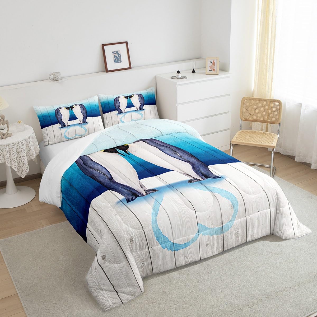 Homewish Couple Penguin Comforter Set,Antarctic Animals Bedding Set for Kids Girls Women,Adults Penguin Comforter,Blue and White Quilted Duvet Set Bedroom Collection Twin Size 2Pcs