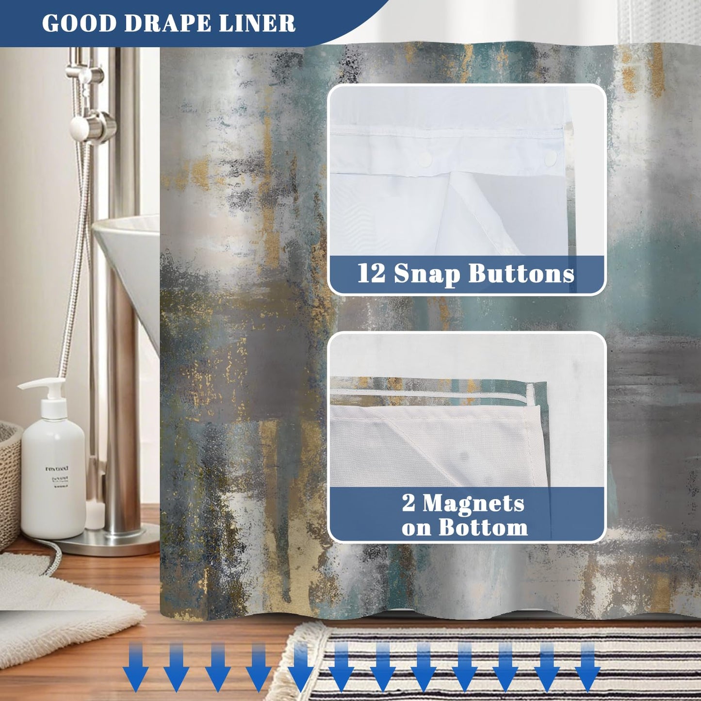 NAEMBCU Abstract No Hook Shower Curtain with Snap in Liner - Artistic Texture Print Shower Curtain with Mesh Top Window, Waterproof Double Layer Bath Curtain for Urban Minimalist Bathroom Decor