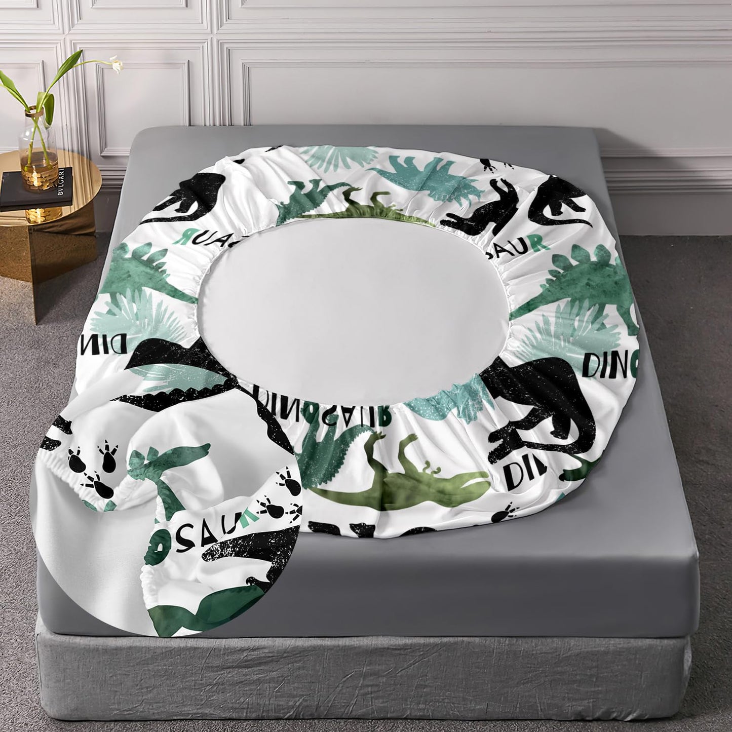 AILONEN Dinosaur Kids Fitted Sheet Set, Black and Green Dinosaur Bed Sheet Set, Soft Fitted Sheet with 2 Pillowcases for Boys