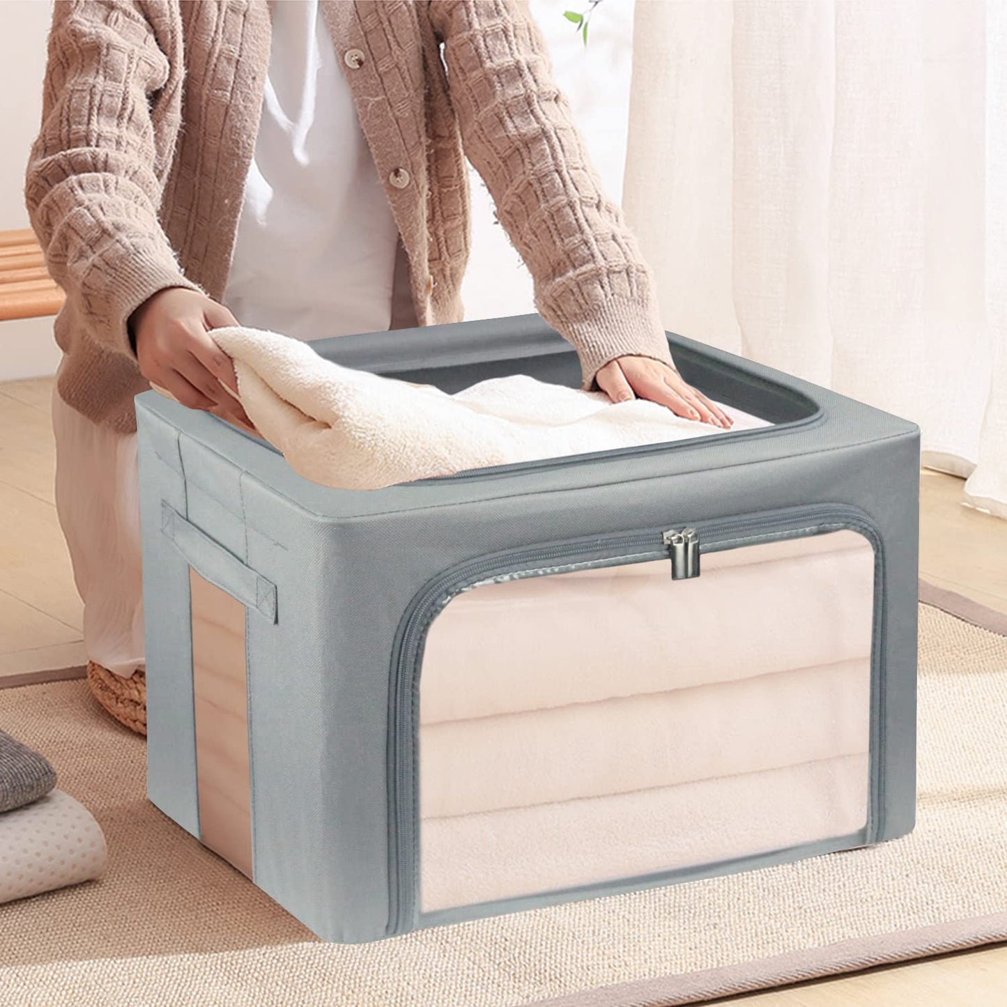UUBEMM Clothes Storage Bins with Foldable Sturdy Frame,Stackable Storage Box for Closet Shelf Organizers for Seasonal Clothing,Blankets,Towel Bed Sheets,Toys Gift Others (Medium -40L x3PACK, Grey)