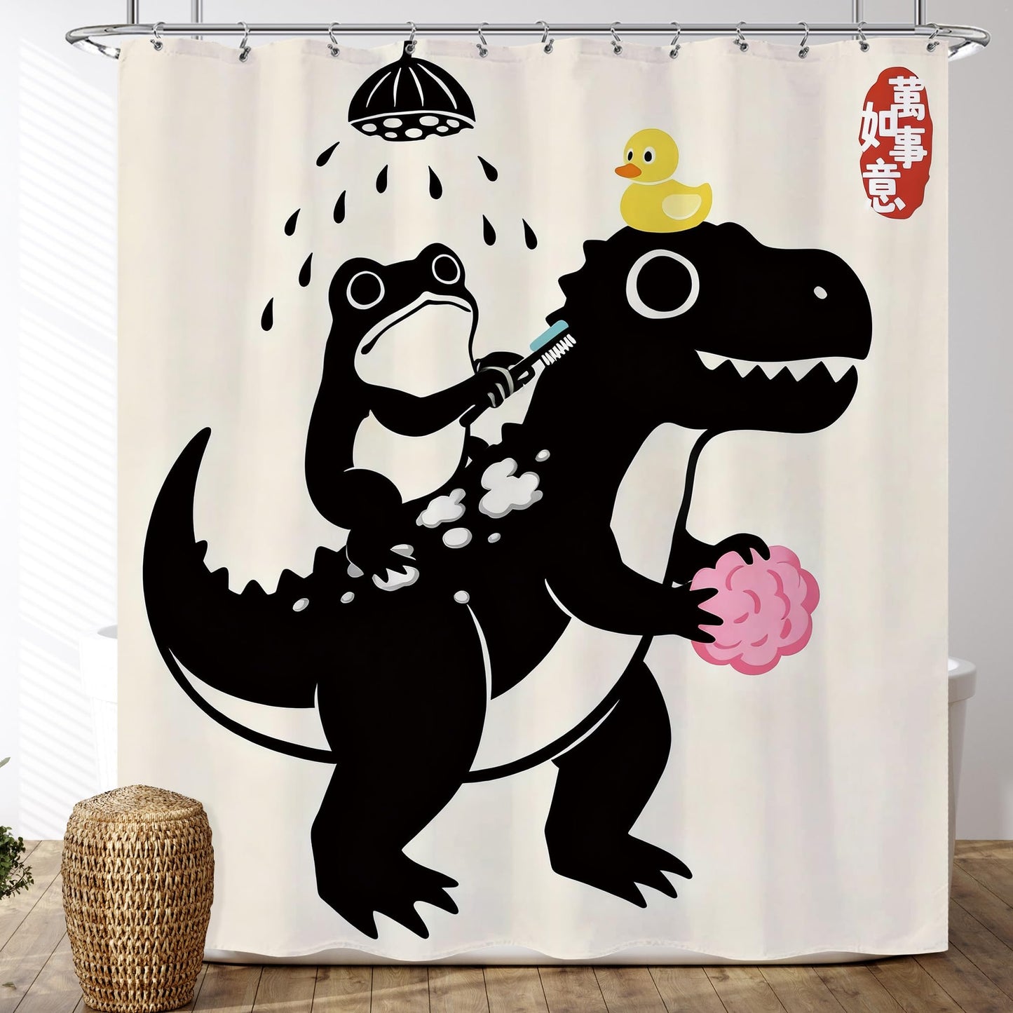 Opeoddie Cute Frog Riding Dinosaur Shower Curtain Japanese Duck Funny Animal Kids Shower Curtains Set for Boys Bath Curtain Dino Silhouette Trex Unique Teen Kid Fun Bathroom Decor 60x72