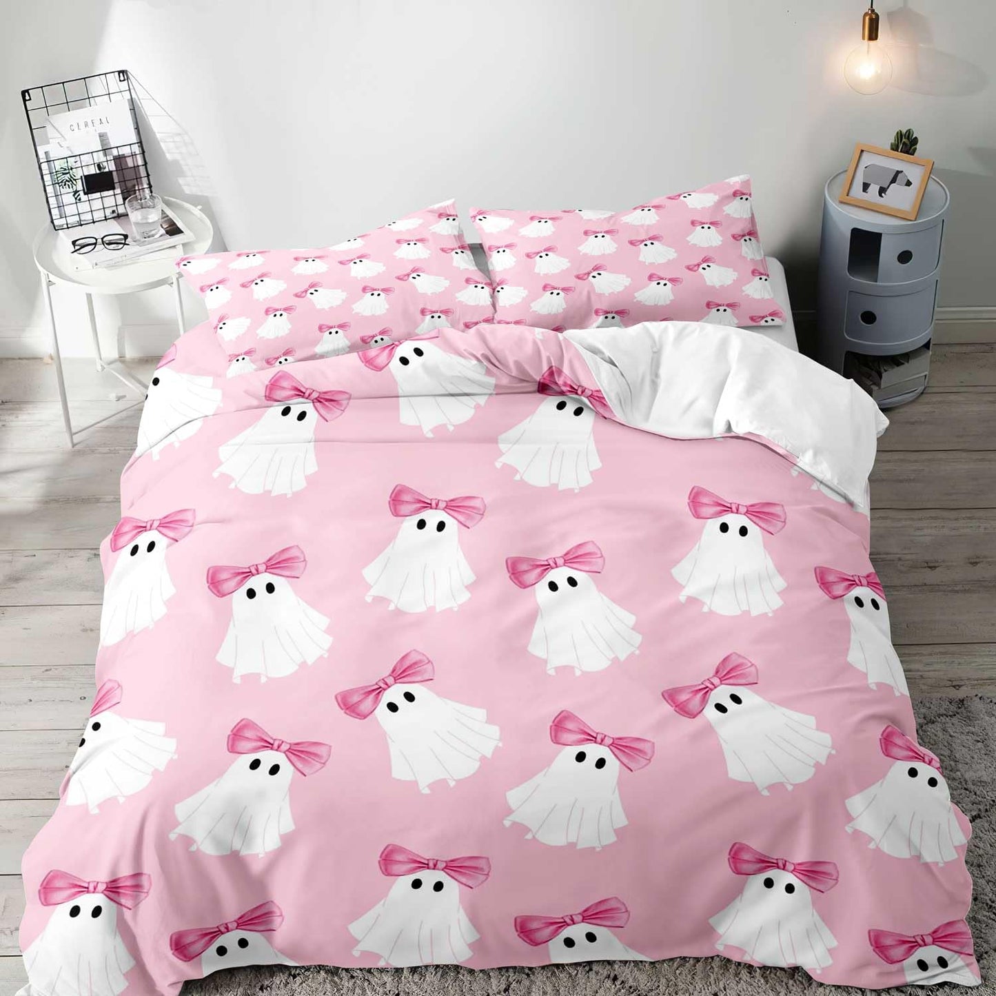 LUVIVIHOME 3PCS Pink Bow Kawaii Ghost Duvet Cover Queen Bedding Set, Teen Girl Bedding, Light Pink Duvet Cover, Halloween Spooky Cute Kids Comforter Cover, Coquette Room Decor Aesthetic 2 Pillow Cases