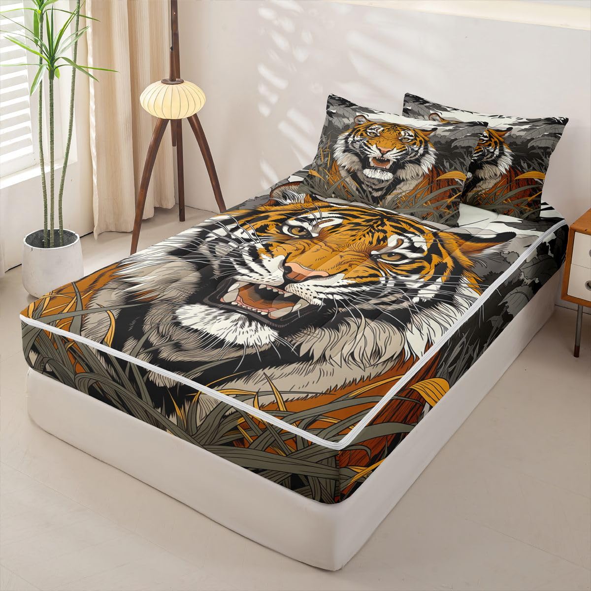 Erosebridal Tiger Zip Up Bedding Comforter Sets Twin Size, Japanese Style Comforter in One Zipper - Wild Animal Bedding Set with Pillowcases