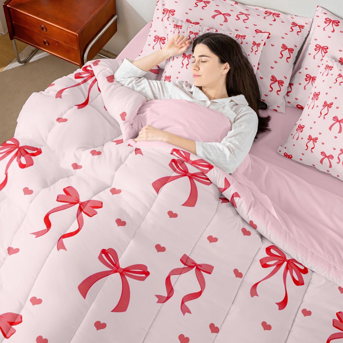 Erosebridal Kawaii Bowknot Full Size Comforter Set,Dreamy Princess Style 7-Piece Bed in A Bag,Girly Cute Bow Sheets and Pillowcases,Pink Red Bow Tie Bedding Set Room Decor