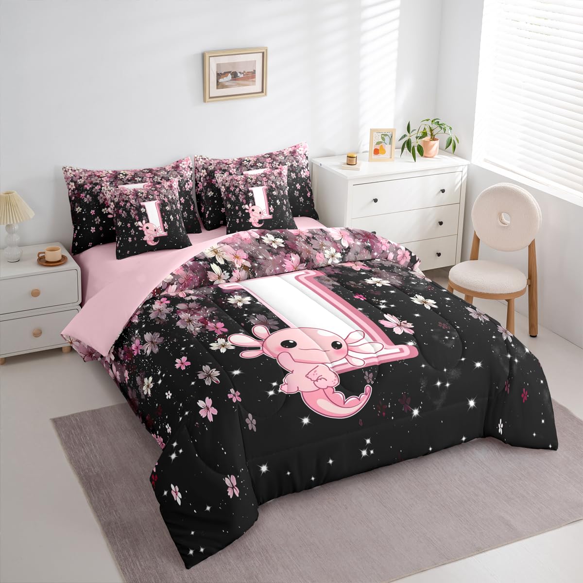 Erosebridal Japanese Cherry Blossom Bedding Set (Twin Size,7 Pieces) Cute Initial Axolotl Comforter Set with Sheets for Teen Girl Pink Axolotl Bed in A Bag with Letter I Design Monogram Duvet Insert