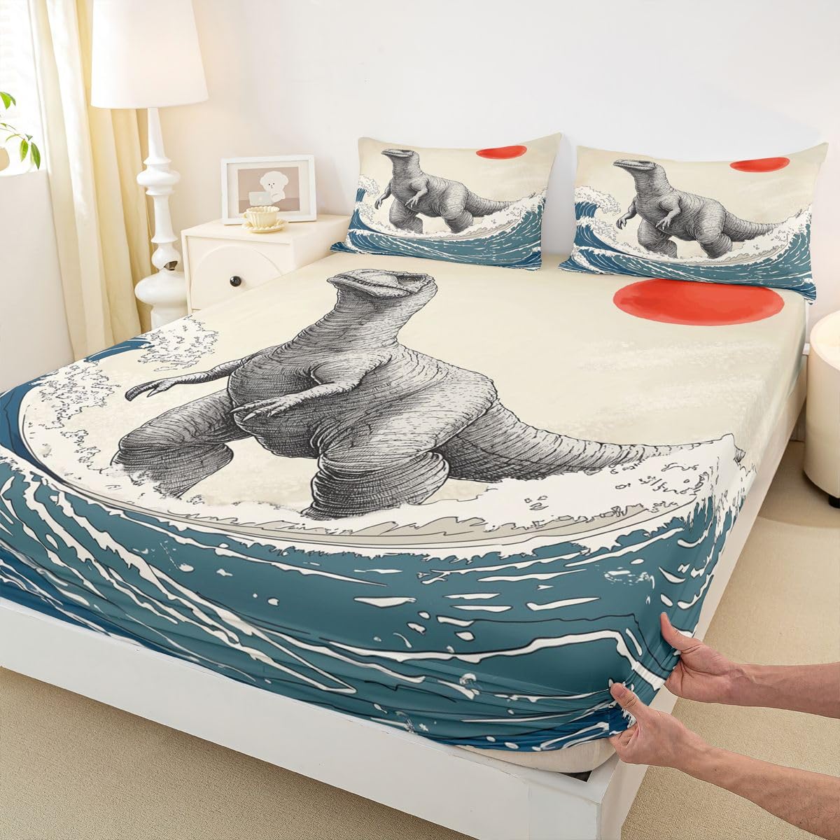 Feelyou Dinosaur Monster Bedding Sheets Full Japanese Ukiyoe Theme Bed Sheet Set for Adult Kids Cool Animal Fitted Sheet Asian Anime Bed Cover 3Pcs,1 Fitted Sheet+2 Pillow Sham（No Flat Sheet）