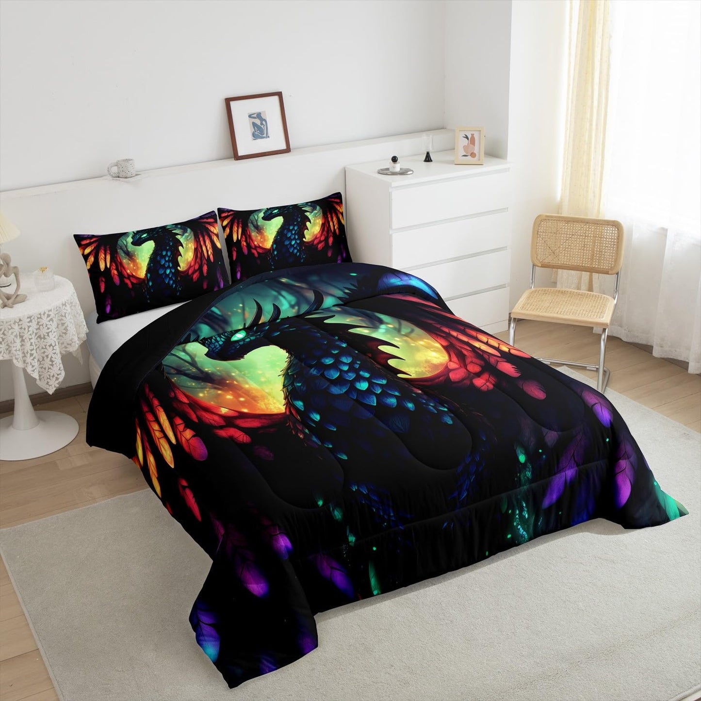 jejeloiu Western Dragon Comforter Set Dragon Scales Bedding Set Full Size for Kids Boys Girls Teens Black Reptile Skin 3D Duvet Set with 2 Pillow Case Wild Animals Comforter