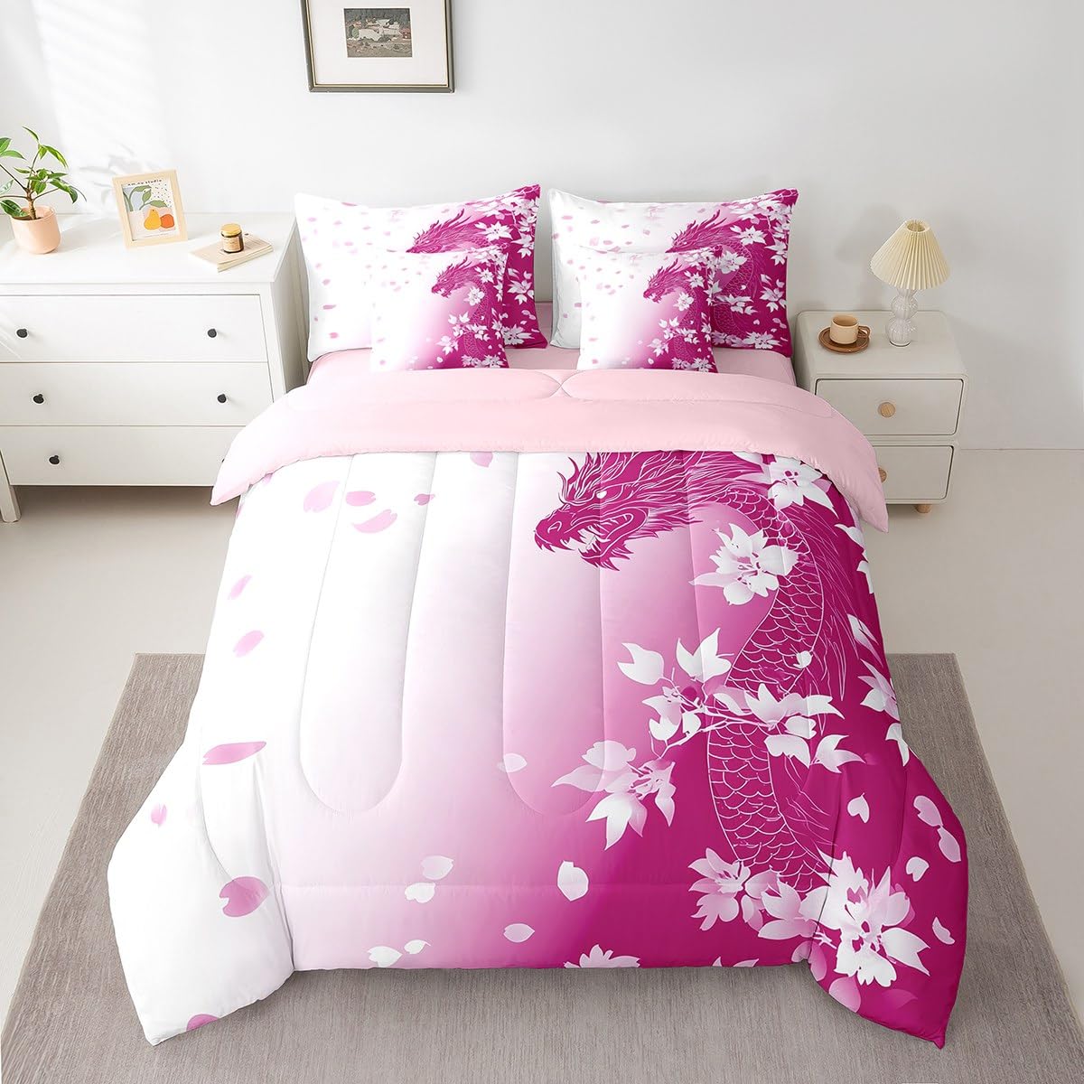 Erosebridal Pink Fantasy Dragon Bed in A Bag Pink White Gradient Princess Bedding Set for Kids Girls Teen Women,Magical Wildlife Animal King Comforter Set 7 Piece Dreamy Cherry Blossom Bed Set
