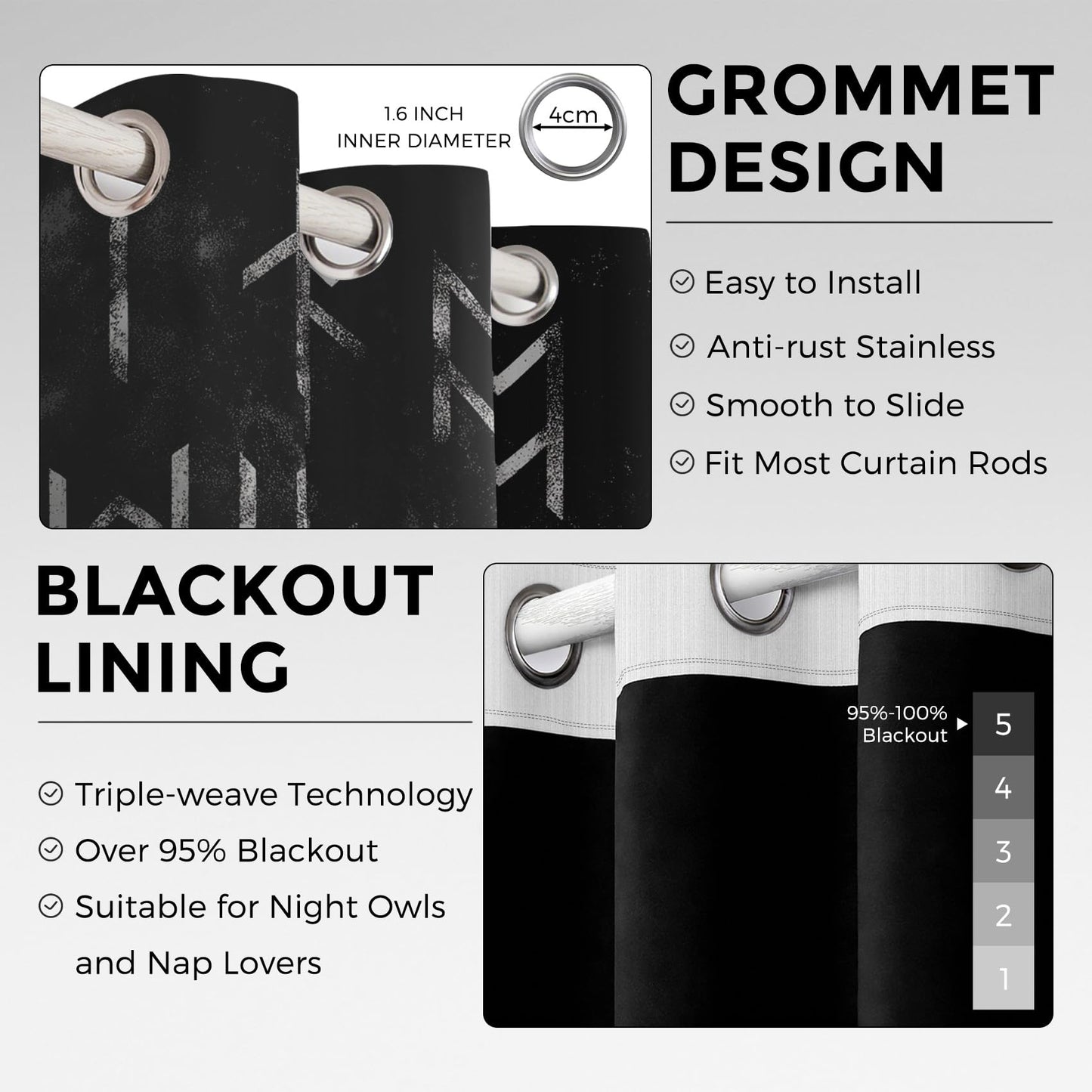 95% Blackout Viking Curtains - Norse Mythology Curtains for Bedroom Living Room Decor, Rune Home Decor, Thermal Grommet Black Out Drapes 84 Inches Long 2 Panel Set X62